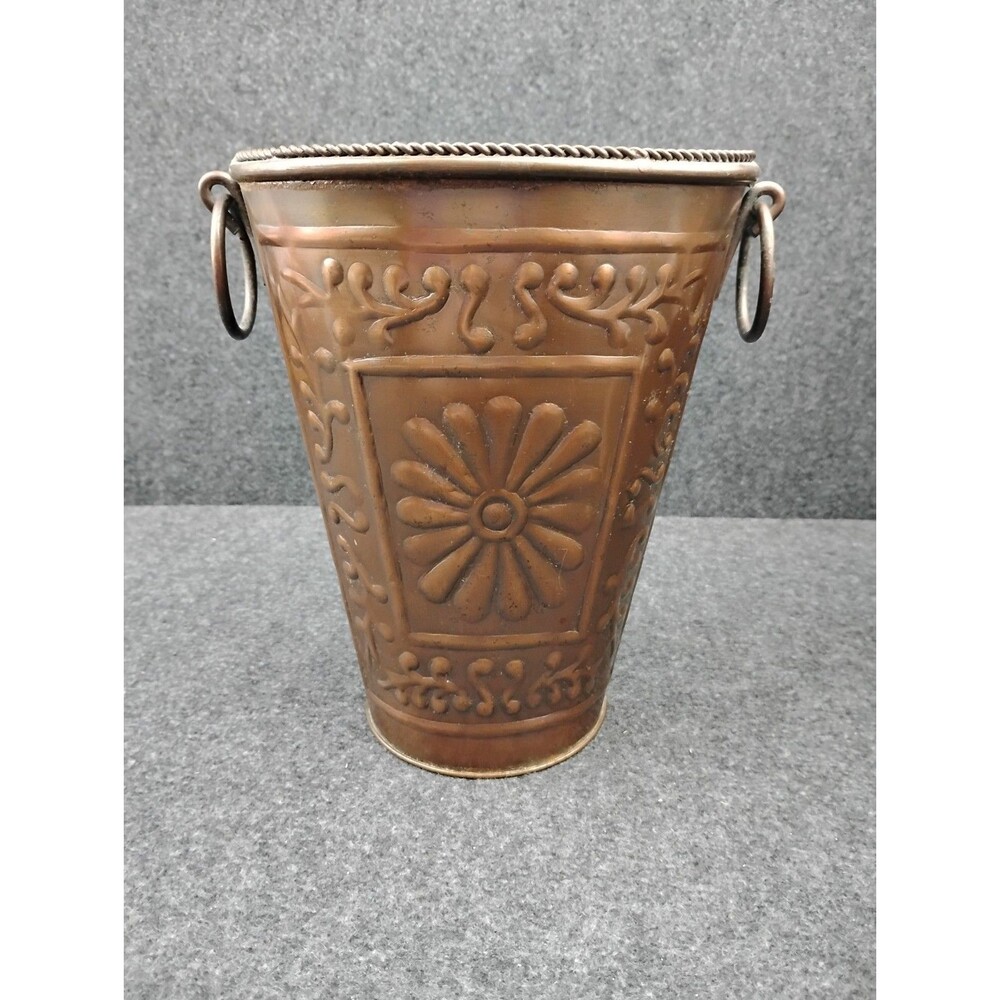 Vintage Hosley Embossed Brass Flower Vase Riveted Handles 7.5" Tall